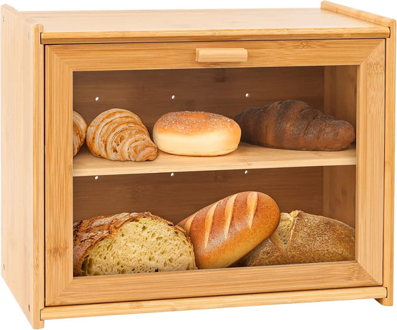 NNEDSZ Double Layer Bamboo Bread Box for Kitchen Counter with Large Capacity and Transparent Window