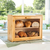 NNEDSZ Double Layer Bamboo Bread Box for Kitchen Counter with Large Capacity and Transparent Window