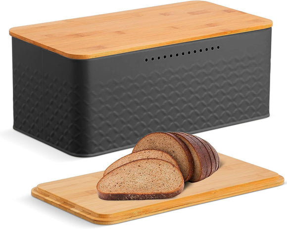 NNEDSZ Bread Bin with Bamboo Lid used as Chopping Board for Kitchen Countertop