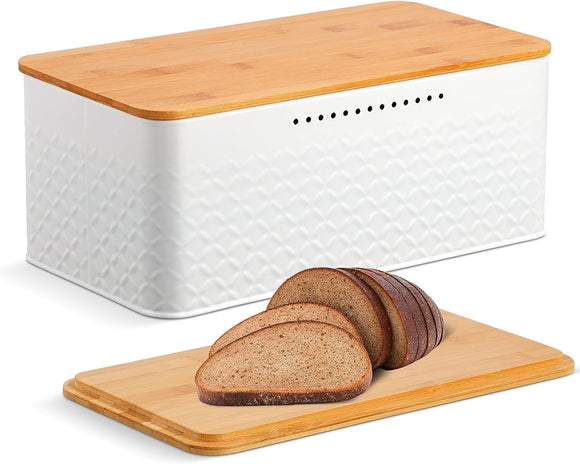 NNEDSZ Bread Bin with Bamboo Lid used as Chopping Board for Kitchen Countertop