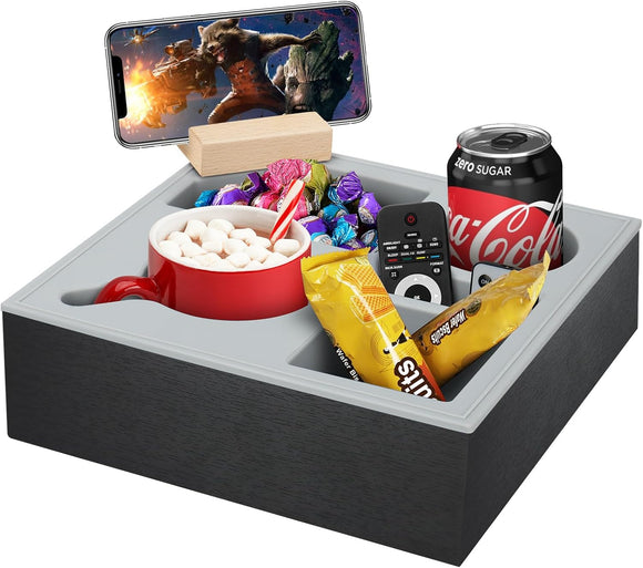 NNEDSZ Wooden Couch Cup Holder Tray with Soft Silicone & Rotatable Phone Holder for Storaging Drinks & Snacks