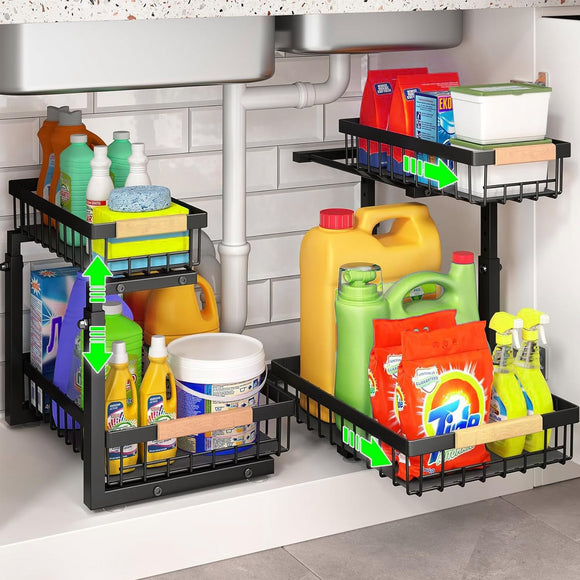 NNEDSZ Set 2 pcs - 2-Tier Kitchen Under Sink Organiser Storage with Height Adjustable, Unique Slide Rail & Suction Cups for Storage