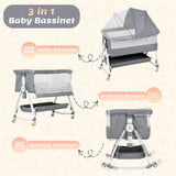 3-in-1 Adjustable Height Baby Bassinet Crib with Mosquito Net and Storage Basket in Grey