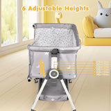 3-in-1 Grey Baby Bassinet Bedside Crib with Adjustable Height, Mosquito Net & Storage Basket