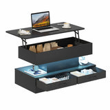 LED Lift Top Coffee Table in Black with 2-Tier Design and Drawers for Living Room