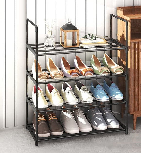 NNEDSZ 4-Tier Stainless Steel Shoe Rack Storage Organizer to Hold up to 15 Pairs of Shoes (55cm, Black)