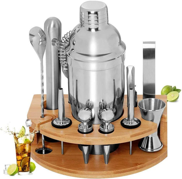 NNEDSZ Cocktail Shaker Set Bartender Kit with Bamboo frame and 12 Pieces Stainless Steel Bar Tool Set