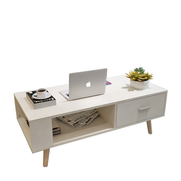 NNEDSZ White Coffee Table Storage Drawer & Open Shelf With Wooden Legs