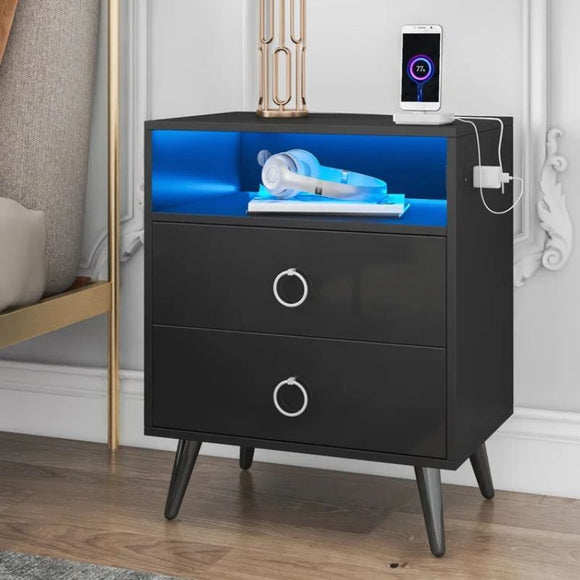 NNEDSZ Amelia Modern LED Bedside table with USB and power socket Black