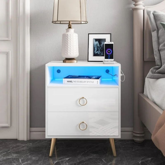NNEDSZ Amelia Modern LED Bedside table with USB and power socket White