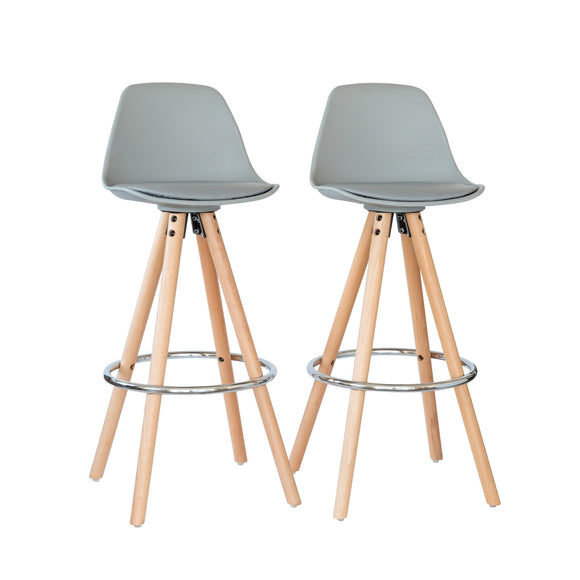 NNEDSZ 2 PU Leather Padded Barstools (Light Grey/Wood) with Metal Footrest