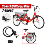 NNEDSZ New 26 inch Adult Tricycle 7-Speed 3 Wheels Bike with Free Lock Installation Tool Red