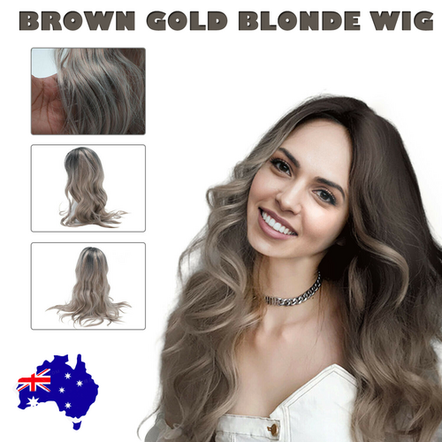 NNEDSZ The new  Brown Gold Blonde Long Wavy Wig Synthetic Curly Hair Cosplay Fashion