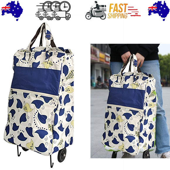 NNEDSZ Shopping Trolley Cart Bag Foldable Wheels Carts Bags Market Luggage Basket blue leaves