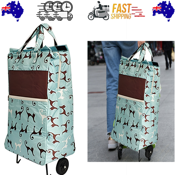 NNEDSZ Shopping Trolley Cart Bag Foldable Wheels Carts Bags Market Luggage Basket sky blue cat