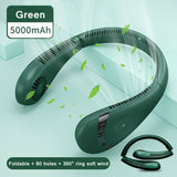 NNEDSZ Green 5000mAh Mini Neck Fan Bladeless Foldable Portable Quiet Rechargeable 360degree Cooler