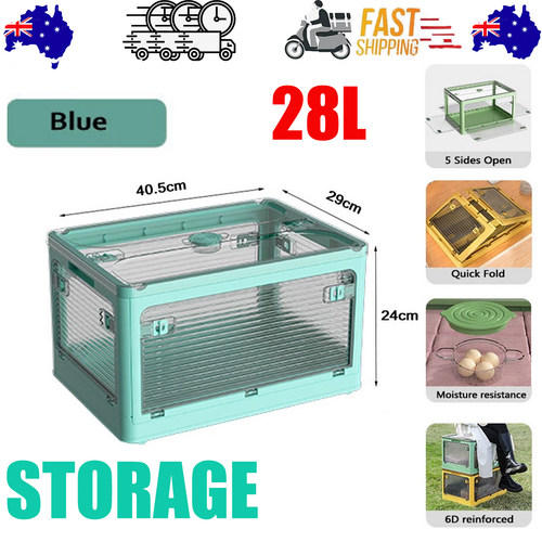 NNEDSZ 28L BLUE Storage Container Stackable 5 Sides Open Top Lid Transparent Foldable