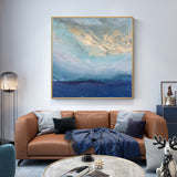 NNEDSZ Wall Art 70cmx70cm Abstract gold blue square size Gold Frame Canvas
