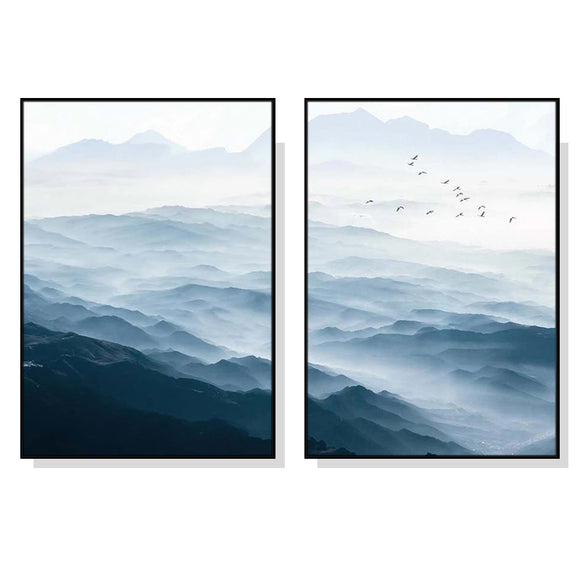 NNEDSZ Wall Art 90cmx135cm Blue mountains 2 Sets Black Frame Canvas