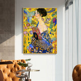 NNEDSZ Wall Art 60cmx90cm Lady With A fan By Klimt Gold Frame Canvas