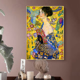 NNEDSZ Wall Art 80cmx120cm Lady With A fan By Klimt Gold Frame Canvas