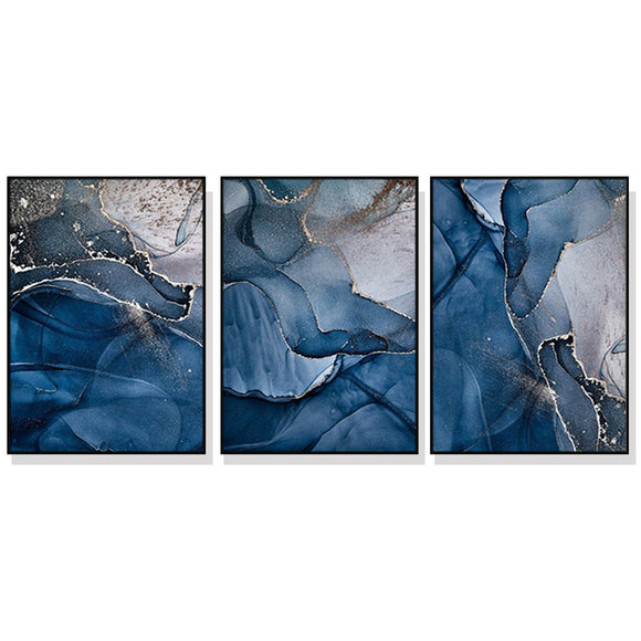 NNEDSZ Wall Art 80cmx120cm Blue Gold Marble 3 Sets Black Frame Canvas