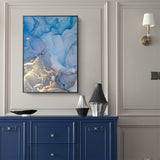 NNEDSZ Wall Art 80cmx120cm Light Blue Marble With Gold Splash Black Frame Canvas