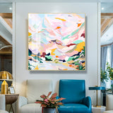 NNEDSZ Wall Art 80cmx80cm Abstract Pink Mountain Hand Painted Style Gold Frame Canvas
