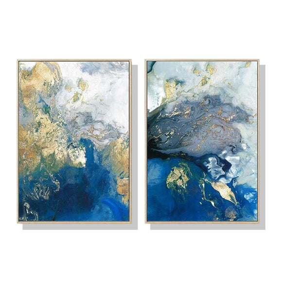 NNEDSZ Wall Art 60cmx90cm Marbled Blue And Gold 2 Sets Gold Frame Canvas