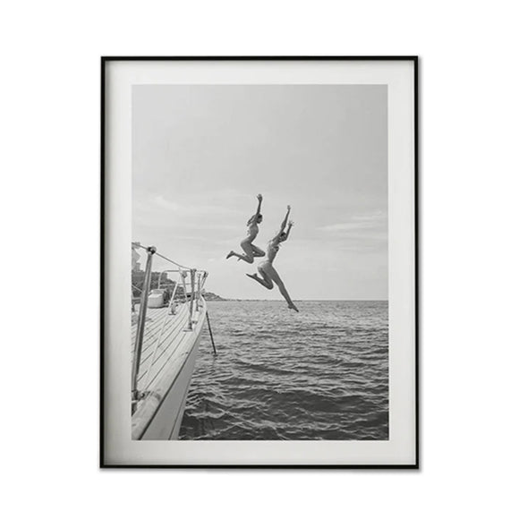 NNEDSZ Wall Art 100cmx150cm Black and White Ocean Jump, Black Frame Canvas