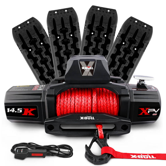 NNEDSZ 12V Electric Winch 14500LBS synthetic rope with 2 Pairs Recovery Tracks Gen2.0 Black