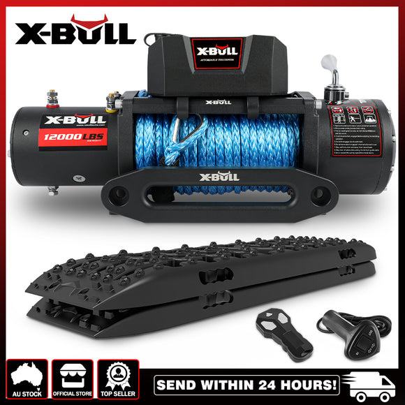 NNEDSZ 12V Electric Winch 12000LBS 4WD synthetic rope with 2PCS Recovery Tracks Boards Gen3.0 Black