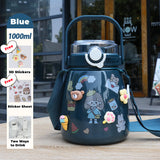 NNEDSZ 1000ml Large Water Bottle Stainless Steel Straw Water Jug with FREE Sticker Packs (Blue)