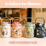 NNEDSZ 1000ml Large Water Bottle Stainless Steel Straw Water Jug with FREE Sticker Packs (Pink)