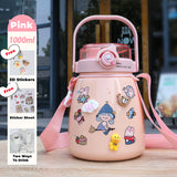 NNEDSZ 1000ml Large Water Bottle Stainless Steel Straw Water Jug with FREE Sticker Packs (Pink)