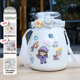 NNEDSZ 1000ml Large Water Bottle Stainless Steel Straw Water Jug with FREE Sticker Packs (White)