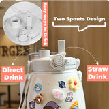 NNEDSZ 1000ml Large Water Bottle Stainless Steel Straw Water Jug with FREE Sticker Packs (White)