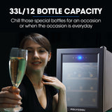 NNEDSZ POLYCOOL 33L 12 Bottle Wine Bar Fridge Countertop Cooler Compressor Mirrored Glass Door, Black