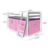 NNEDSZ Kingston Slumber Wooden Kids Single Loft Bed Frame - Hiding Space Underneath with Interchangeable Pink and Blue Curtains