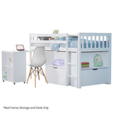 NNEDSZ KINGSTON SLUMBER Wooden Kids Single Loft Bed Frame with Pull Out Desk, Storage Drawers - White