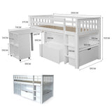 NNEDSZ KINGSTON SLUMBER Wooden Kids Single Loft Bed Frame with Pull Out Desk, Storage Drawers - White