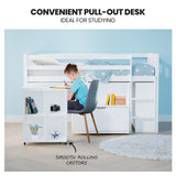 NNEDSZ KINGSTON SLUMBER Wooden Kids Single Loft Bed Frame with Pull Out Desk, Storage Drawers - White