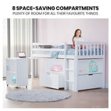 NNEDSZ KINGSTON SLUMBER Wooden Kids Single Loft Bed Frame with Pull Out Desk, Storage Drawers - White