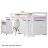 NNEDSZ KINGSTON SLUMBER Wooden Kids Single Loft Bed Frame with Pull Out Desk, Storage Drawers, Cabinet - White