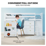 NNEDSZ KINGSTON SLUMBER Wooden Kids Single Loft Bed Frame with Pull Out Desk, Storage Drawers, Cabinet - White