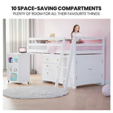 NNEDSZ KINGSTON SLUMBER Wooden Kids Single Loft Bed Frame with Pull Out Desk, Storage Drawers, Cabinet - White