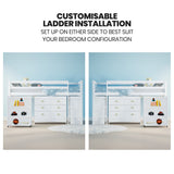 NNEDSZ KINGSTON SLUMBER Wooden Kids Single Loft Bed Frame with Pull Out Desk, Storage Drawers, Cabinet - White
