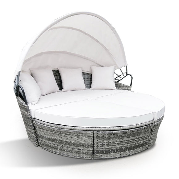 NNEDSZ LONDON RATTAN 3PC Outdoor Daybed Patio Rattan Sofa Sun Lounge Furniture Grey Wicker Off White Canopy