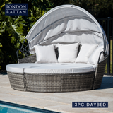 NNEDSZ LONDON RATTAN 3PC Outdoor Daybed Patio Rattan Sofa Sun Lounge Furniture Grey Wicker Off White Canopy