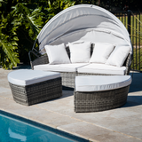 NNEDSZ LONDON RATTAN 3PC Outdoor Daybed Patio Rattan Sofa Sun Lounge Furniture Grey Wicker Off White Canopy